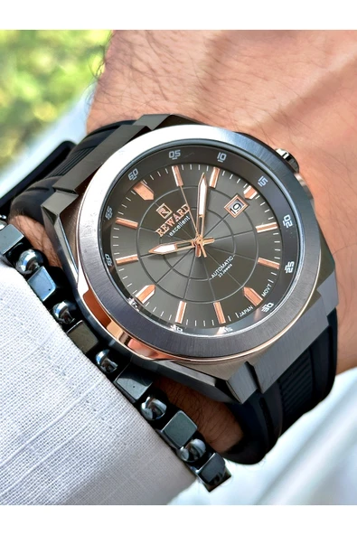 Reward Siyah Renk Çelik Kasa  Mekanizma Lüx Erkek Kol Saati + BİLEKLİK - Resim 3