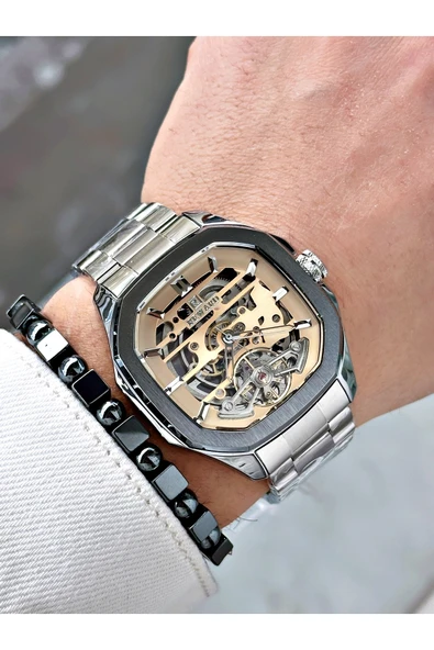 Reward Gümüş Renk Otomatik İskelet Kare Model Mekanizma Erkek Kol Saati + BİLEKLİK - Resim 2