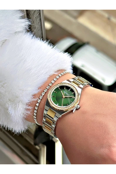 Ferrucci Altın Gümüş Renk Sade Tasarım Taşlı Çelik Kordon Kadın Kol Saati + BİLEKLİK HEDİYELİ - Resim 3
