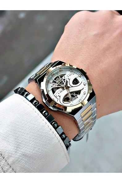 Reward Altın Gümüş Renk Kabe Desen Otomatik Mekanizma Erkek Kol Saati + BİLEKLİK - Resim 4