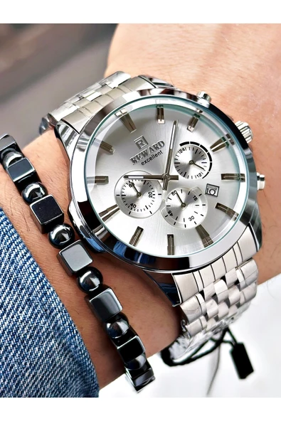 Reward Gümüş Renk Spor Garantili Çelik Kordon Erkek Kol Saati + BİLEKLİK ürün görseli 1