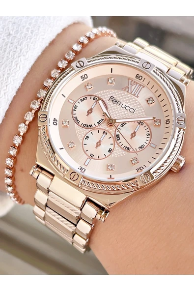 Ferrucci Rose Gold Renk Büyük Kasa Roma Rakamlı Kadın Kol Saati + Bileklik Hediyeli ürün görseli 1