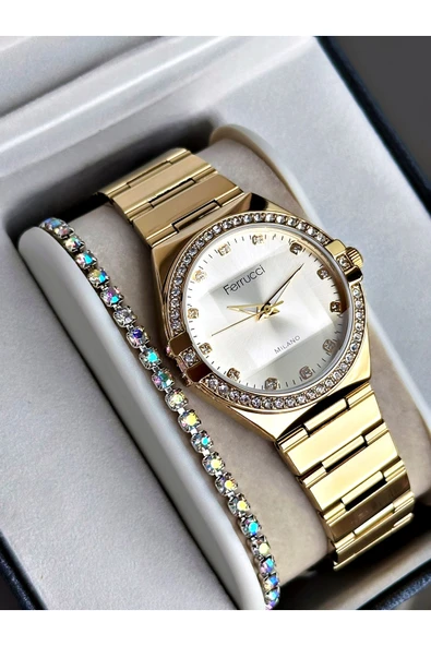 Ferrucci Altın Renk Aynalı Model Taşlı Model Kadın Kol Saati + BİLEKLİK ürün görseli 1