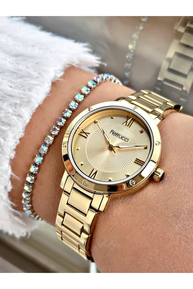 Ferrucci Altın Renk Roma Rakamlı Sade Model  Erkek Kol Saati + BİLEKLİK ürün görseli 1