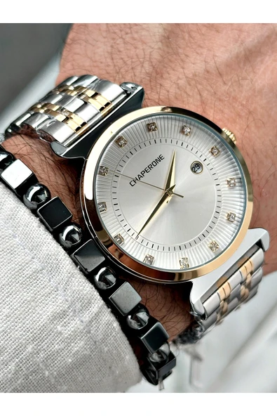 Chaperone Gold Renk Klasik Çelik Kordon Şık Dizayn Erkek Kol Saati + BİLEKLİK HEDİYELİ By Reward - Resim 3