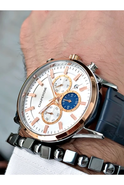 Chaperone Lacivert Renk Deri Kordon Fonksiyonlu  Erkek Kol Saati + BİLEKLİK HEDİYELİ By REWARD - Resim 3