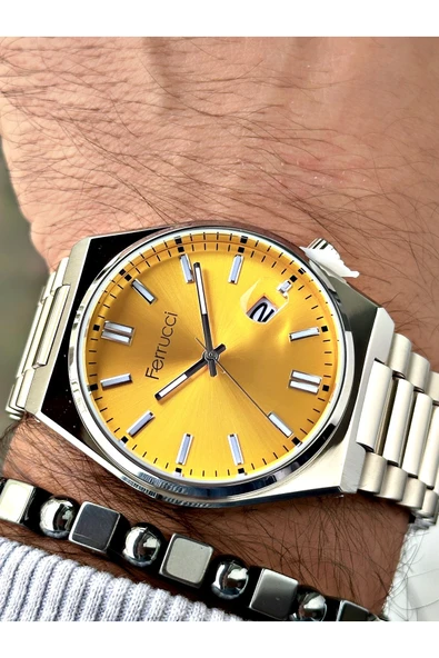 Ferrucci Gümüş Renk Klasik Takvimli Çelik Kordon Erkek Kol Saati + BİLEKLİK ürün görseli 1