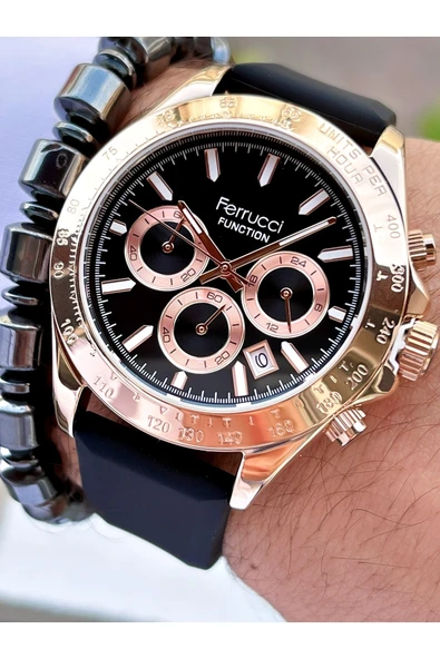 Ferrucci Siyah Rose Gold Renk Silikon Kordon Fonksiyonlu 2 Yıl Garantili Erkek Kol Saati + Bileklik - Resim 2