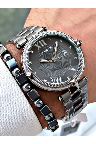 Chaperone Füme Renk Roma Rakamlı Sade Klasik Model Çelik Kordon Erkek Kol Saati + BİLEKLİK By Reward - Resim 3