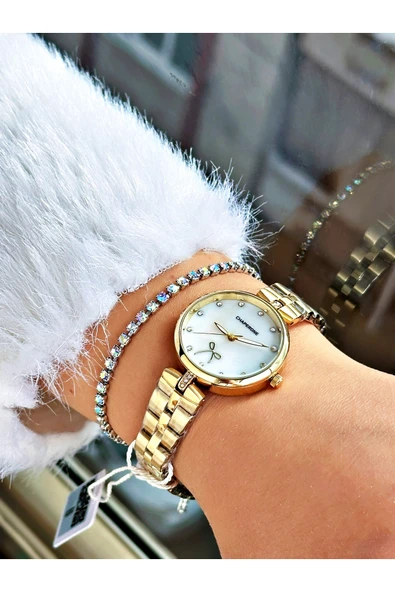 Chaperone Altın Renk Sade Model Kurdela Detaylı Kadın Kol Saati + BİLEKLİK - Resim 2