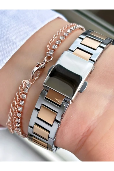 Ferrucci Rose Gold Gümüş Renk Rose Gold Kasa Kalpli Model Kadın Kol Saati + Bileklik Hediyeli - Resim 4