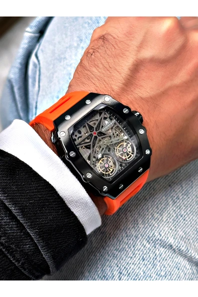 Navimarine Turuncu Renk Kare Spor Silikon Otomatik Business Erkek Kol Saati + BİLEKLİK HEDİYELİ - Resim 3