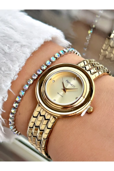 Ferrucci Altın Renk Sade Model Kadın Kol Saati + BİLEKLİK ürün görseli 1