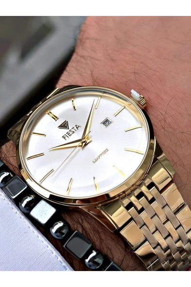 Fiesta Altın Renk Bombeli Safir Cam Lüx Çelik Erkek Kol Saati + BİLEKLİK HEDİYELİ - Resim 2