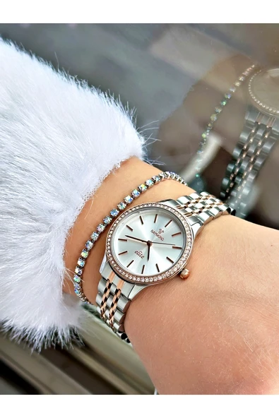 Raymond Rose Gold Gümüş Renk Taşlı Model Klasik Kadın Kol Saati + BİLEKLİK - Resim 2