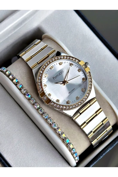 Ferrucci Altın Gümüş Renk Aynalı Model Taşlı Model Kadın Kol Saati + BİLEKLİK ürün görseli 1