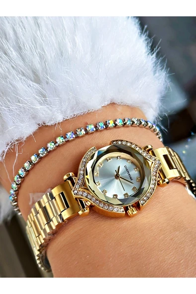 Chaperone Altın Renk Taşlı Model Minimal Aynalı Kadın Kol Saati + BİLEKLİK - Resim 3