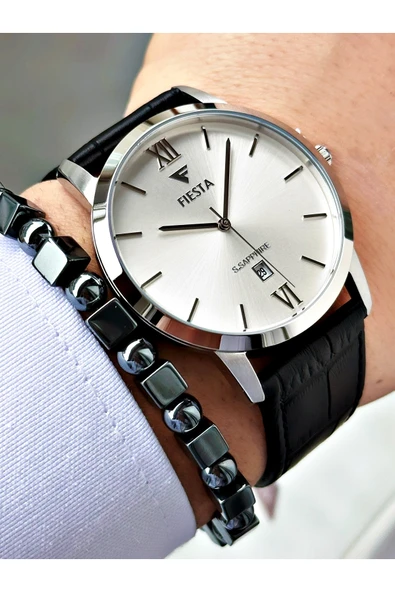 Fiesta Siyah Renk Roma Rakamlı Çelik Kasa Business Erkek Kol Saati + BİLEKLİK - Resim 3