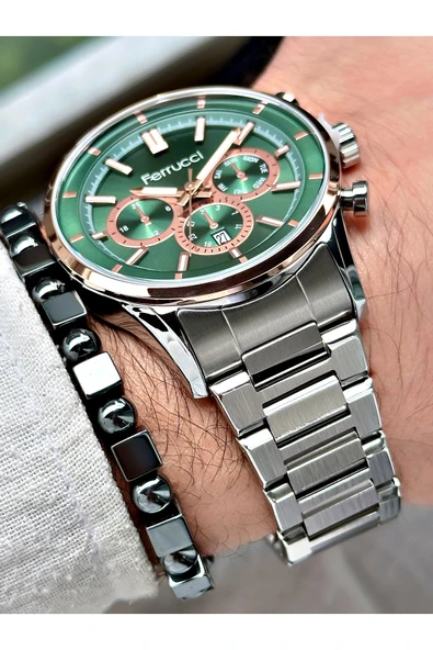 Ferrucci Gümüş Renk Çelik Kordon  Erkek Kol Saati + BİLEKLİK HEDİYELİ - Resim 4