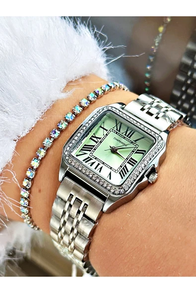 Chaperone Gümüş Renk Taşlı Model Kare Kadın Kol Saati + BİLEKLİK ürün görseli 1