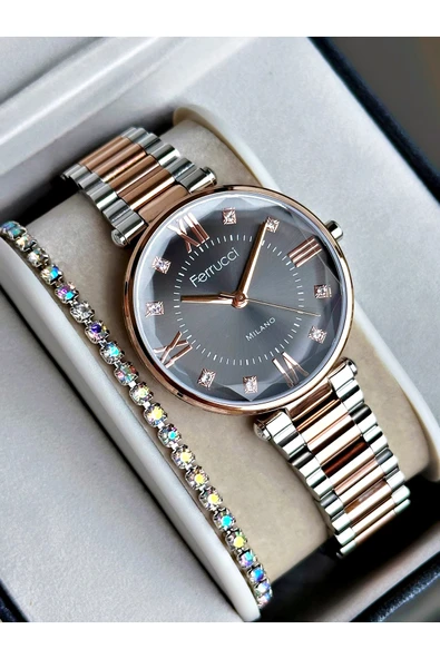 Ferrucci Rose Gold Gümüş Renk Roma Rakamlı Sade Model Çelik Kordon Kadın Kol Saati + BİLEKLİK - Resim 2