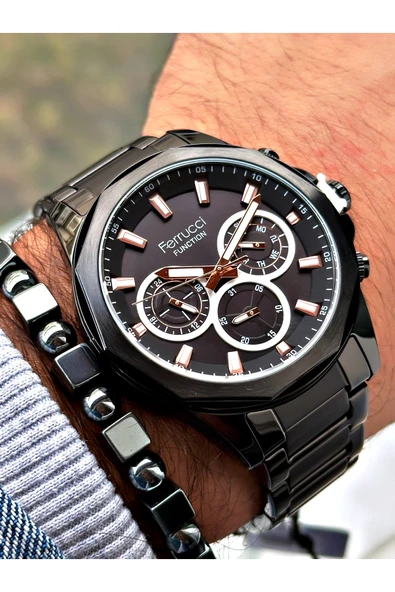 Ferrucci Siyah Renk Çelik Kordon  Erkek Kol Saati GARANTİLİ + BİLEKLİK - Resim 3