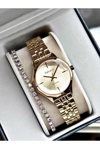 Ferrucci Altın Renk Sade Model Klasik Kadın Kol Saati + BİLEKLİK ürün görseli 1