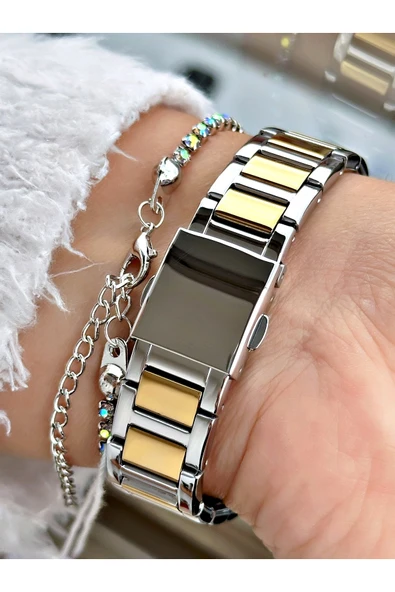 Ferrucci Altın Renk Kare Taşlı Model Çelik Kordon Kadın Kol Saati + BİLEKLİK - Resim 3