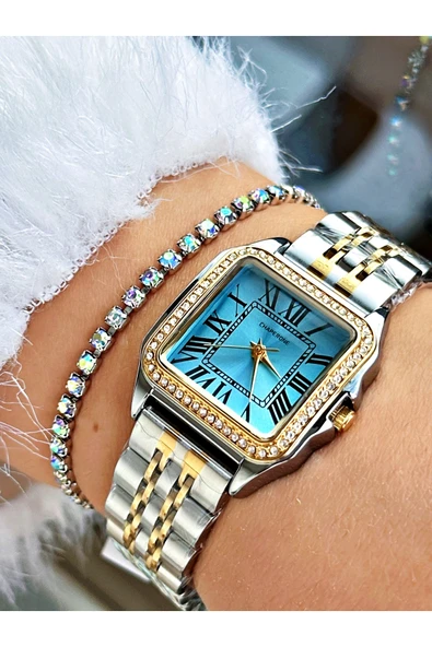Chaperone Altın Gümüş Renk Taşlı Model Kare Kadın Kol Saati + BİLEKLİK ürün görseli 1