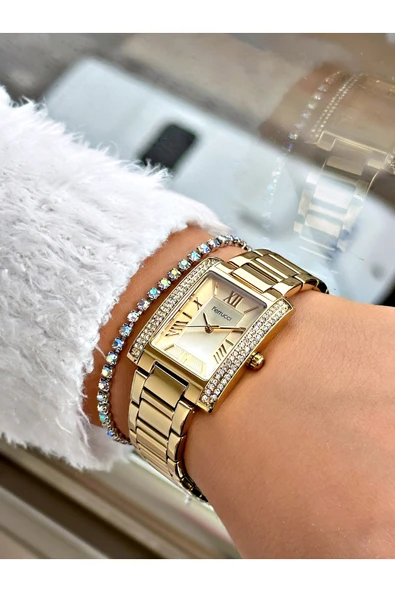Ferrucci Altın Renk Kare Taşlı Model Çelik Kordon Kadın Kol Saati + BİLEKLİK - Resim 2