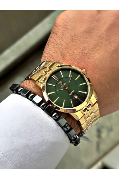 Fiesta Altın Renk Klasik Sade Çelik Safir Cam Lüx Çelik Business Erkek Kol Saati + BİLEKLİK HEDİYELİ - Resim 3