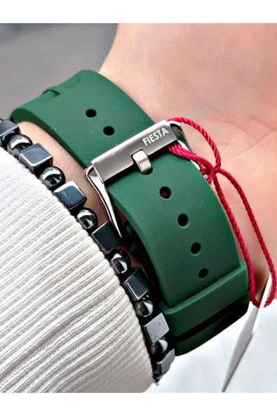 Fiesta Yeşil Renk Silikon Fonksiyonlu Çelik Kasa Business Erkek Kol Saati + BİLEKLİK - Resim 4