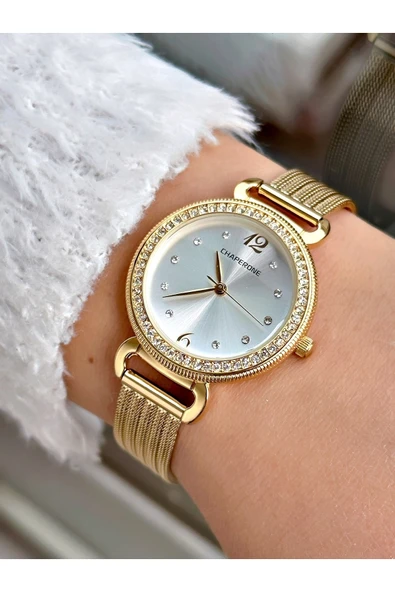 Chaperone Altın Renk Hasır Çelik Kordon Klasik Kadın Kol Saati + Bileklik Hediyeli - Resim 2