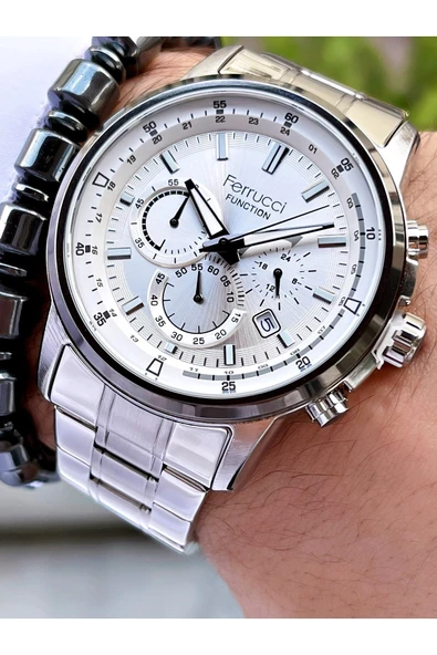 Ferrucci Gümüş Renk Silver Kadran Çelik Kordon Fonksiyonlu Erkek Kol Saati + Bileklik Hediyeli - Resim 2