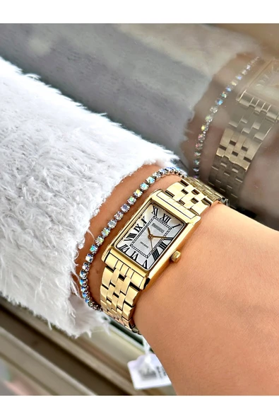 Ferrucci Altın Gold Renk Kare Model Roma Rakamlı Çelik Kordon Kadın Kol Saati + BİLEKLİK - Resim 2