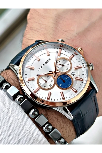 Chaperone Lacivert Renk Deri Kordon Fonksiyonlu  Erkek Kol Saati + BİLEKLİK HEDİYELİ By REWARD ürün görseli 1