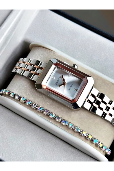 Ferrucci Rose Gold Gümüş Renk Minimal Kasa Çelik Kordon Kadın Kol Saati + BİLEKLİK - Resim 2