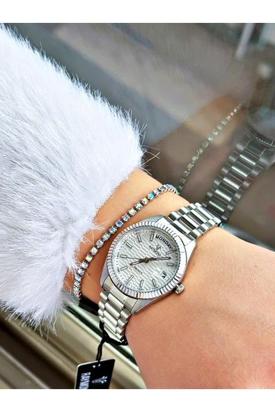 Raymond Gümüş Renk Klasik Model Çelik Kasa Kordon Kadın Kol Saati + BİLEKLİK - Resim 2
