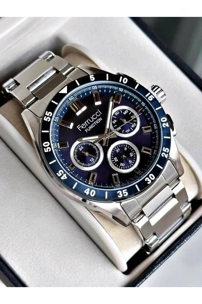 Ferrucci Gümüş Renk Fonksiyonlu Spor Çelik Kordon Erkek Kol Saati + BİLEKLİK ürün görseli 1