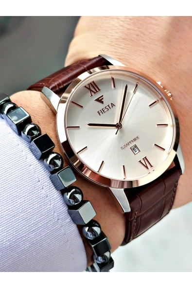 Fiesta Kahve Renk Roma Rakamlı Çelik Kasa Business Erkek Kol Saati + BİLEKLİK - Resim 3