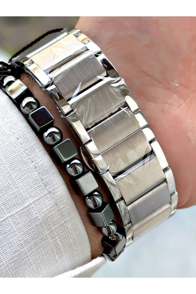 Reward Gümüş Renk Büyük Kasa Çelik Kordon  Erkek Kol Saati + BİLEKLİK - Resim 5