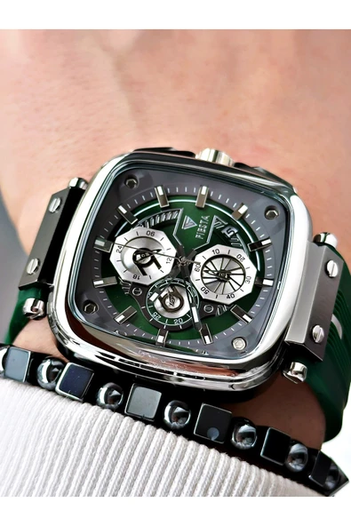 Fiesta Yeşil Renk Kare Model Çelik Kasa Garantili Business Erkek Kol Saati + BİLEKLİK - Resim 2