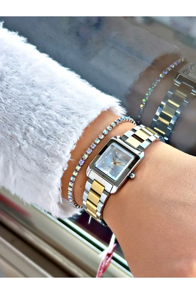 Ferrucci Altın Renk Kare Sade Model  Kadın Kol Saati + BİLEKLİK - Resim 2