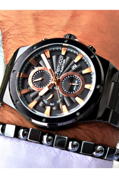 Ferrucci Siyah Renk Fonksiyonlar Aktif Spor Çelik Kordon  Erkek Kol Saati + BİLEKLİK - Resim 3