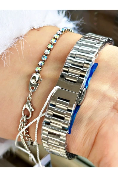 Chaperone Gümüş Renk Taşlı Model Minimal Aynalı Kadın Kol Saati + BİLEKLİK - Resim 4