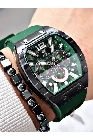 Fiesta Yeşil Renk Silikon Fonksiyonlu Çelik Kasa Business Erkek Kol Saati + BİLEKLİK ürün görseli 1