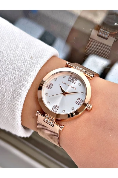 Navimarine Rosegold Renk Çelik Kordon Kadın Kol Saati Bileklik Hediyeli - Resim 2