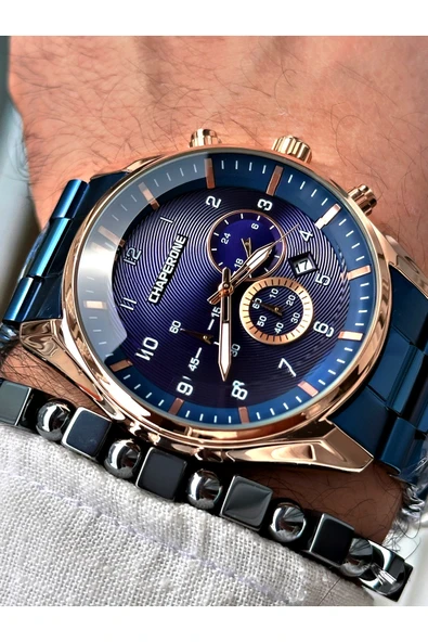 Chaperone Lacivert Renk Fonksiyonlar Aktif Çelik Kordon  Erkek Kol Saati + BİLEKLİK HEDİYELİ By Reward ürün görseli 1
