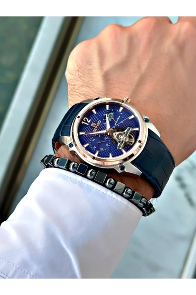 Reward Lacivert Renk Deri Kordon Çelik Kasa  Mekanizma Lüx Erkek Kol Saati + BİLEKLİK HEDİYELİ - Resim 3