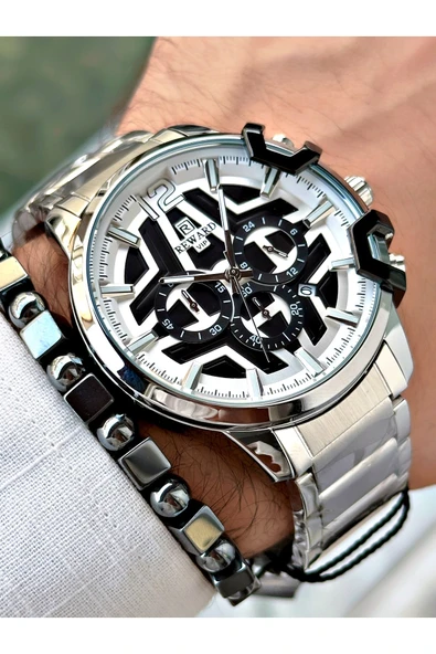 Reward Gümüş Renk Büyük Kasa Çelik Kordon  Erkek Kol Saati + BİLEKLİK - Resim 4